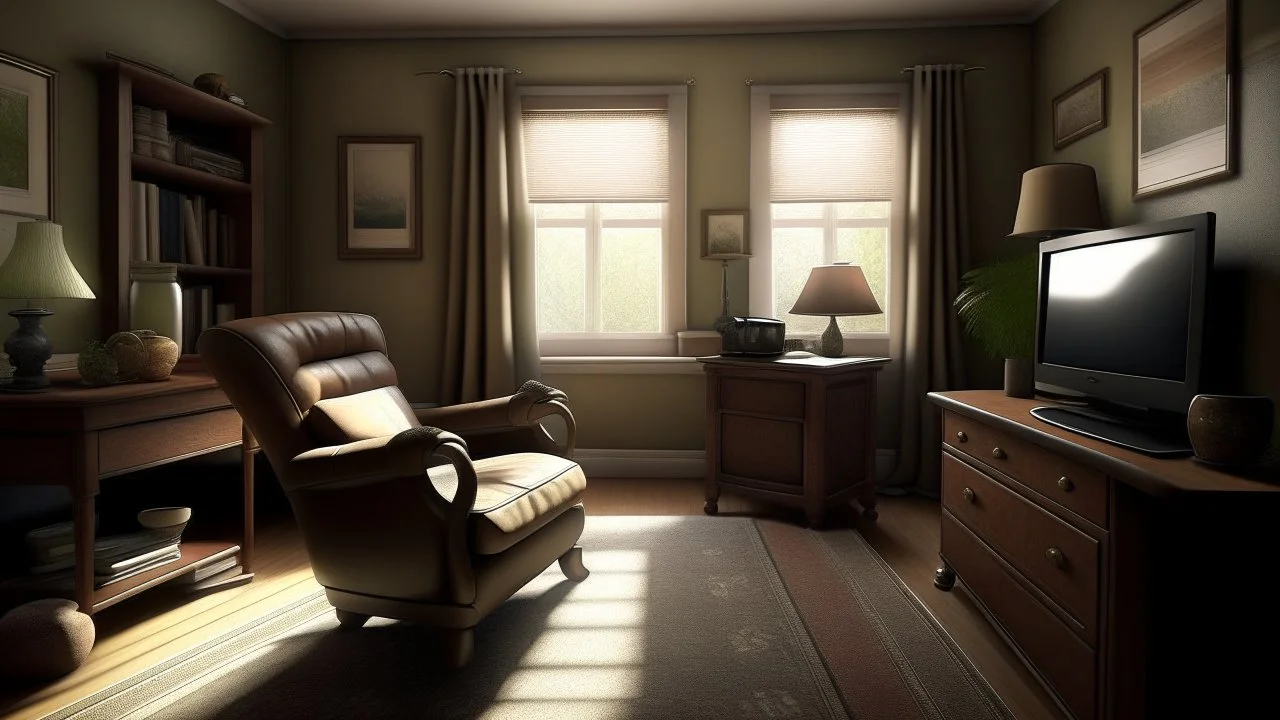 Photorealistic wide shot of an old woman's living room. Tidy and sparsely furnished with a well-loved comfy leather recliner, sidetable and older tv. The recliner faces the tv. A small stool on wheels sits beside the tv. There is an open window with open drapes. The drapes appear to be hand sewn and tidy. The room feels empty and is bright but slightly desaturated