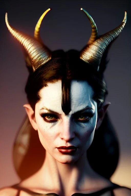 Female Tiefling warrior, demon horns, demon tail, ominous, facepaint, waist up portrait, intricate, oil on canvas, masterpiece, expert, insanely detailed, 4k resolution, retroanime style, cute big circular reflective eyes, cinematic smooth, intricate detail , soft smooth lighting, soft pastel colors, painted Renaissance style