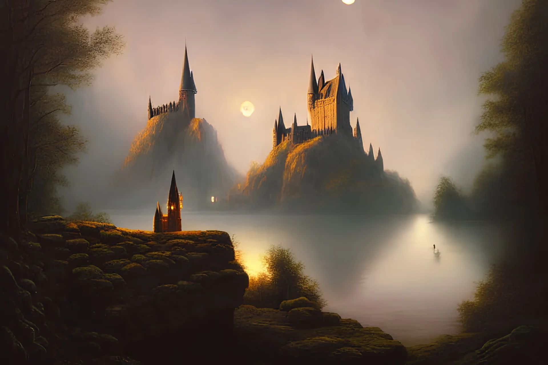 Raya Lucaria academy, liurnia, majestic painting masterpiece, rich detail, on rock pillar, lake in front, hogwarts castle, mist, lumen reflection, Nerdrum, deep rich color, moon, moon light, church spire, divine light, Martin Wittfooth, Mandy Jurgens