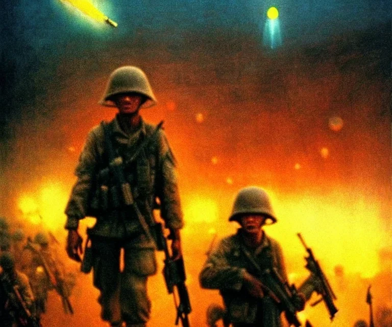 vietnam war. war. napalm. bokeh. lens flare. warm lights. high detailed. beksinski