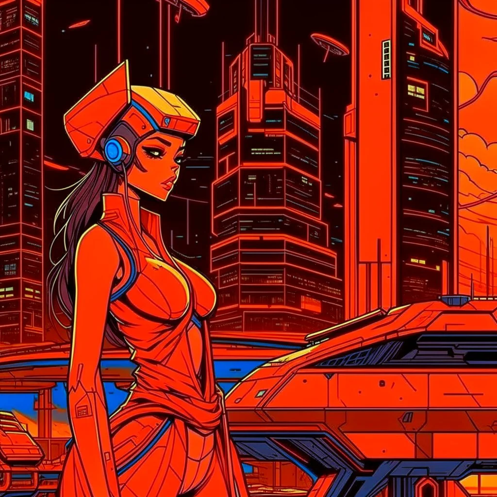 cyberpunk retro futuristic for comics from far away in orange