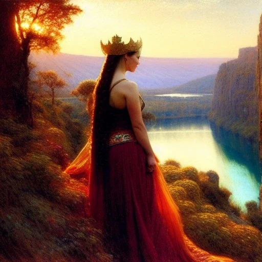 Drawing of 'busty Viking Queen',Braids,view,River, by gaston bussiere, greg rutkowski, yoji shinkawa, yoshitaka amano, tsutomu nihei, donato giancola, tim hildebrandt,oil on canvas, cinematic composition, extreme detail,fit full head inside picture,16k