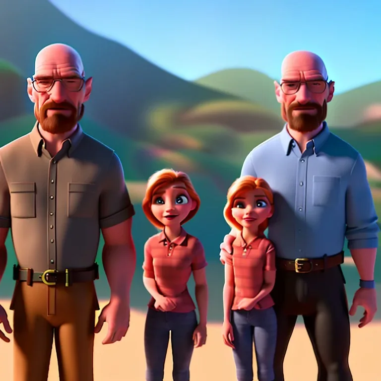 Walter White and his family, 8k, realistic body, with a fedora, sunset background,