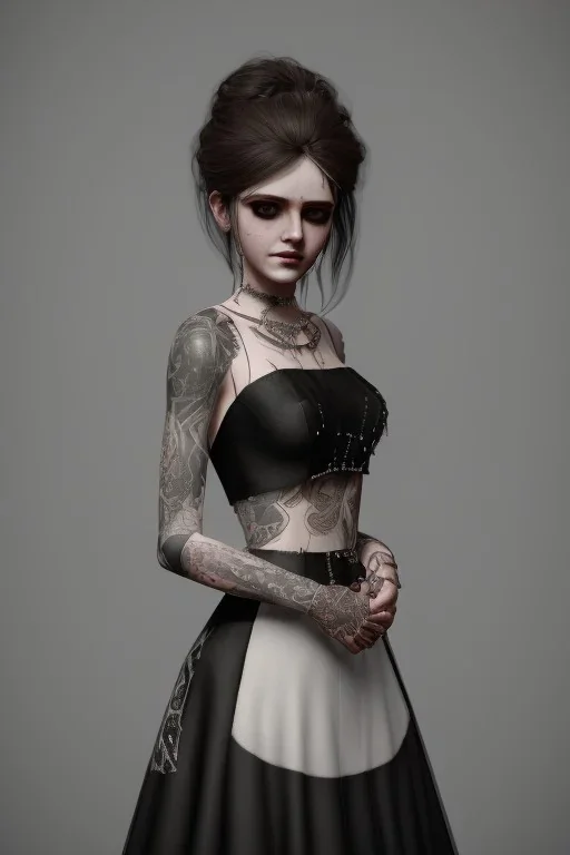 Portrait emo bride with piercings in black dress, full body shot, full-color long shot