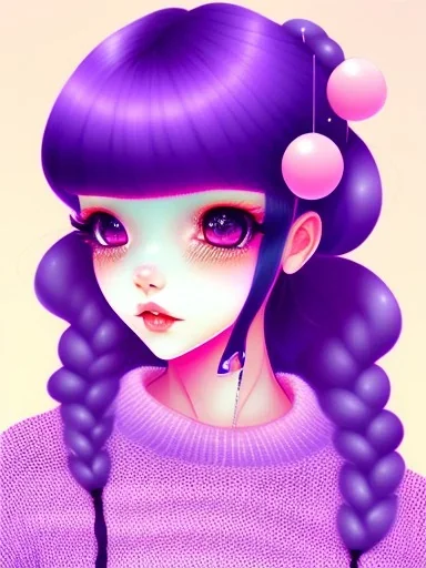 kawaii girl, purple hair, cute, semirealistic, sweater