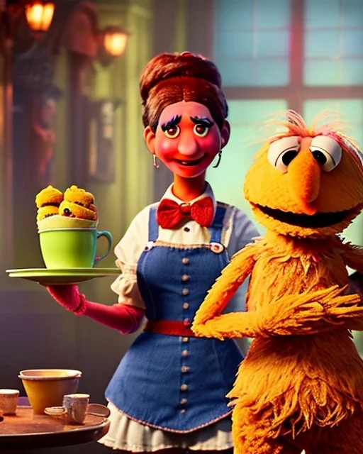 waitress woman with Sesame Street muppet mask-head, concept art, retro style, smooth, unreal engine 5, god lights, ray tracing, RTX, lumen lighting, ultra detail, volumetric lighting, 3d.