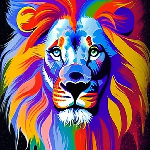 Lion portrait, bright colors, splash paint, centered, kaleidoscope