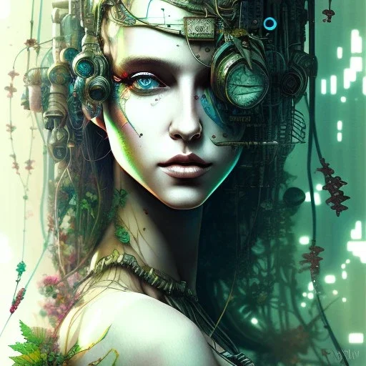 Singer Danish MØ, watercolor illustration , cyberpunk, steampunk, Dryad, plants, wildflower,Style Yoji Shinkawa,