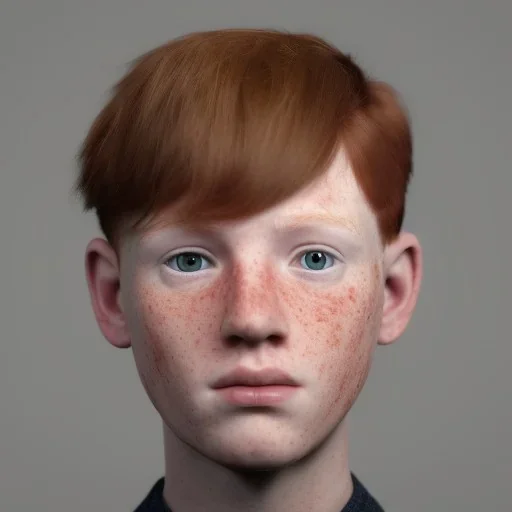 short redheaded boy with a long face and freckles , realistic, 8k,