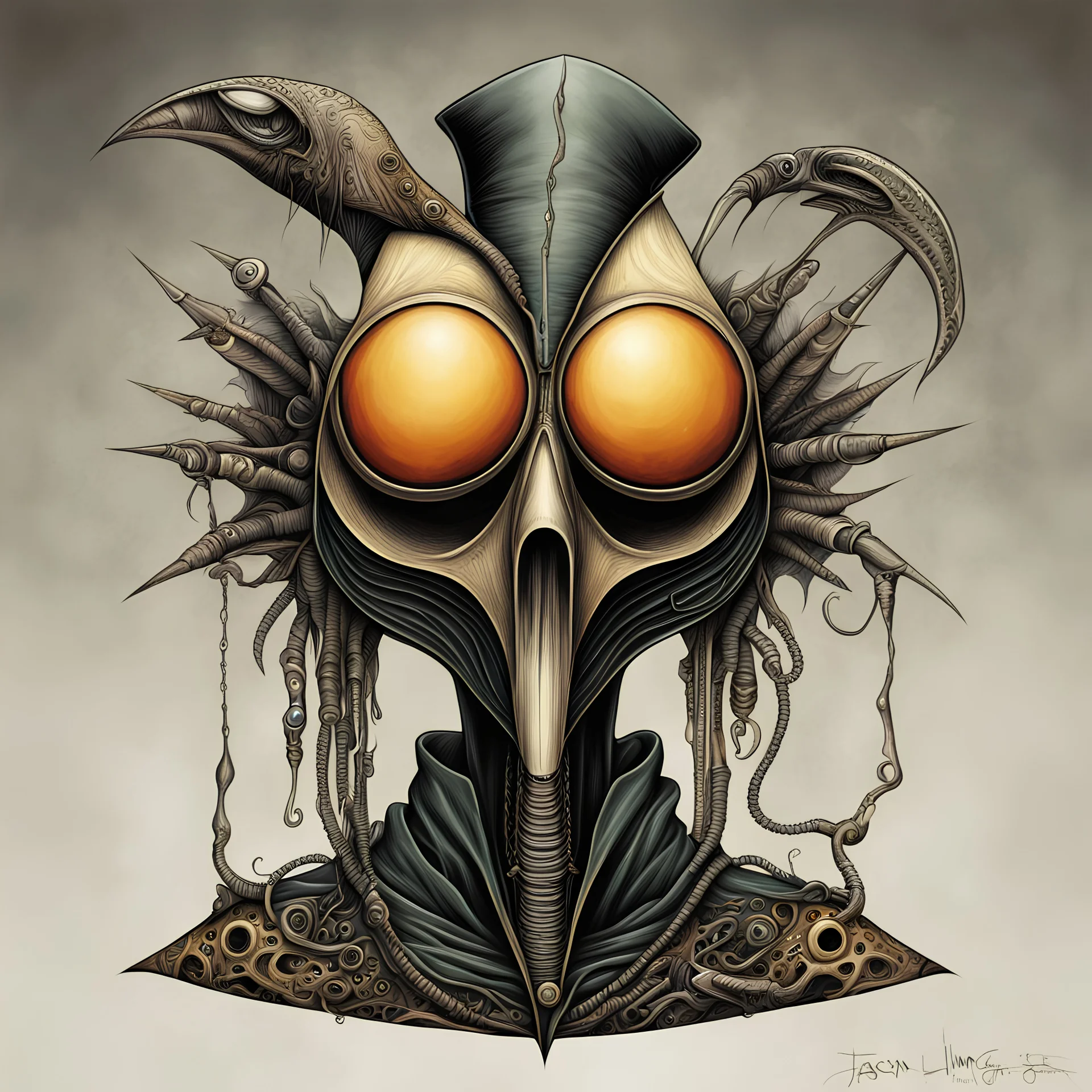 Surreal plague Doctor, by Jason Limon and H.R. Giger, surreal design, dramatic, color ink illustration, sharp focus, eerie, artistic