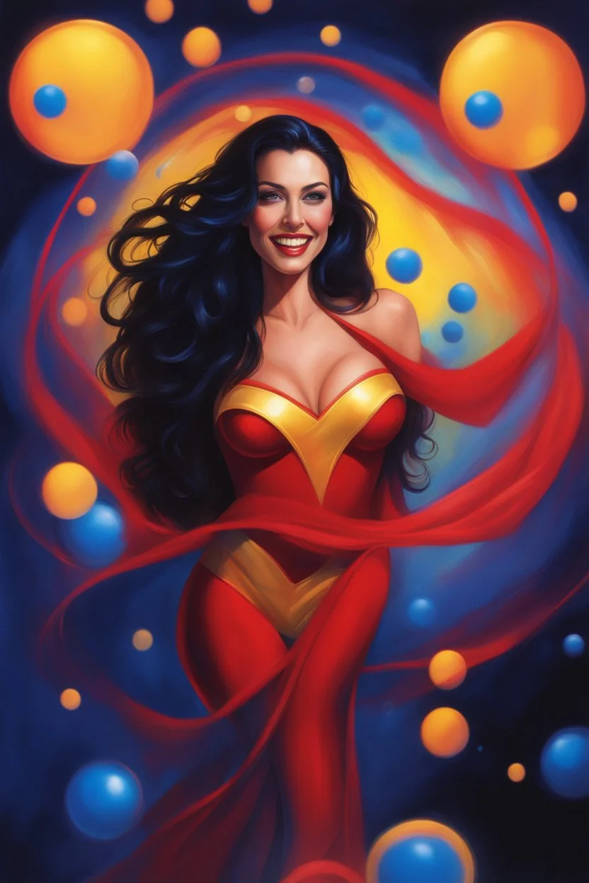 3D bubbles, 3D hearts, sunlight, blue skies, magic, multicolored swirling light, aurora borealis, UFOs, Devil's Tower, fireflies, facial portrait of Megan Gale as Vampirella with Long Black hair, cobalt blue eyes, smiling a big bright happy smile, wearing a red sling suit with a gold/yellow bat emblem on the lower stomach area, and black boots, professional quality digital photograph, happy time