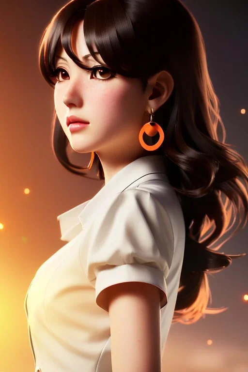 young anime business woman, brown hair, dark orange eyes, hoop earrings, red blouse, elegant, dark eyeshadow, black eyeliner, high arch angular eyebrows, head and shoulders portrait, 8k resolution, WLOP, Alphonse Mucha dynamic lighting, hyperdetailed, intricately detailed, retroanime