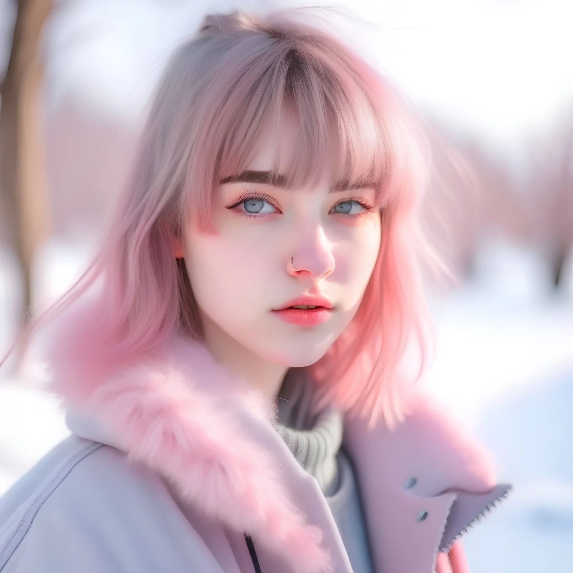 18 years old cute and beautiful girl, hi res, photography, realistic, high details, facial details, messy stray hair bob fringe pink and silver, slim body, f-cup size, kneeling down in snowry winter, hyperdetail, 4k, 8k, sunny day, pastel soild and sharp colour