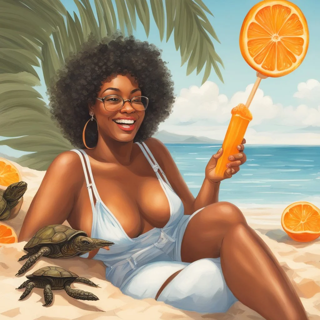 Portrait of black woman enjoying orange popsicle, enjoying the sun. She's at the beach with turtles and baby crab