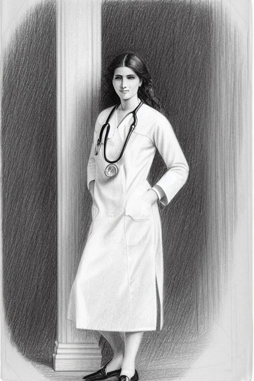 Pencil sketch of Young woman , nurse, wearing a stethoscope around her neck , Arab features,sad, long wavy hair, full body، on lined paper