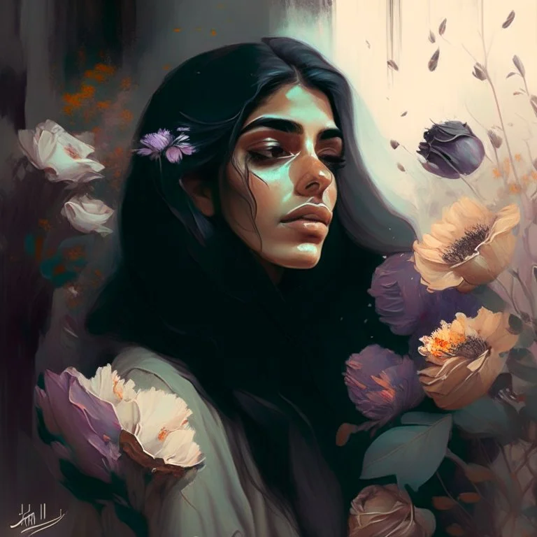 woman, life, freedom, Persian girls, digital art, muted tones, flowers everywhere, REALISTIC