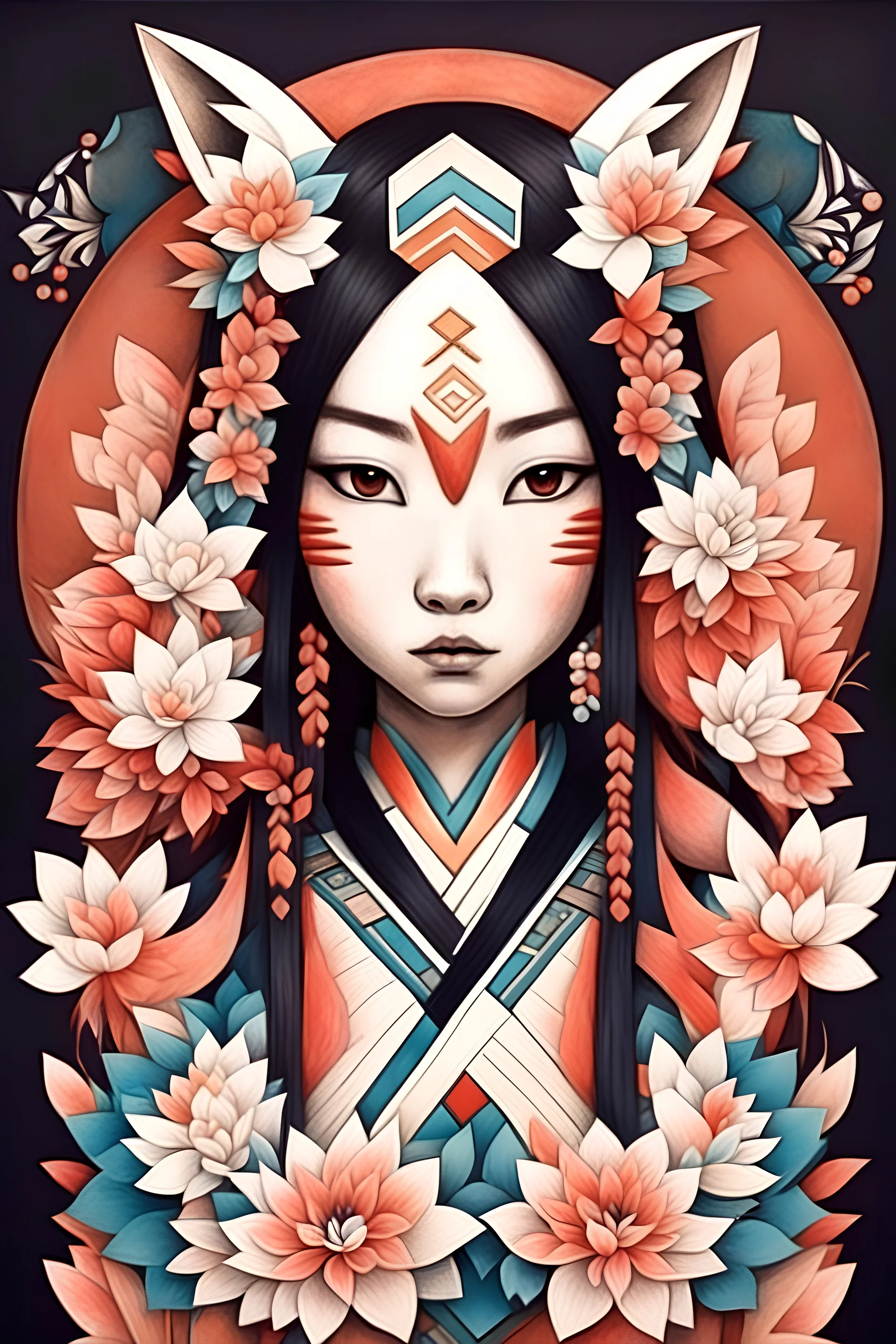 asian geometric art girls kitsune native influenced flower