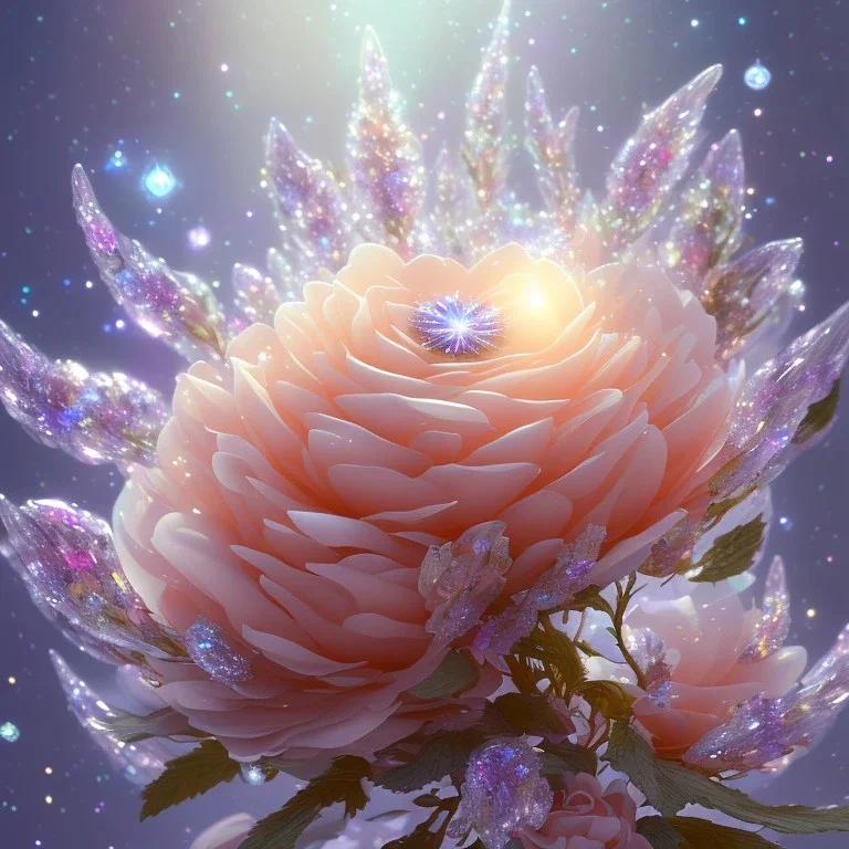 one big crystal subtle flower in a galactic ambiance with a beautiful fairy, transparent petals, delicate colors, in the foreground, full of details, smooth，soft light atmosphere, light effect，vaporwave colorful, concept art, smooth, extremely sharp detail, finely tuned detail, ultra high definition, 8 k, unreal engine 5, ultra sharp focus