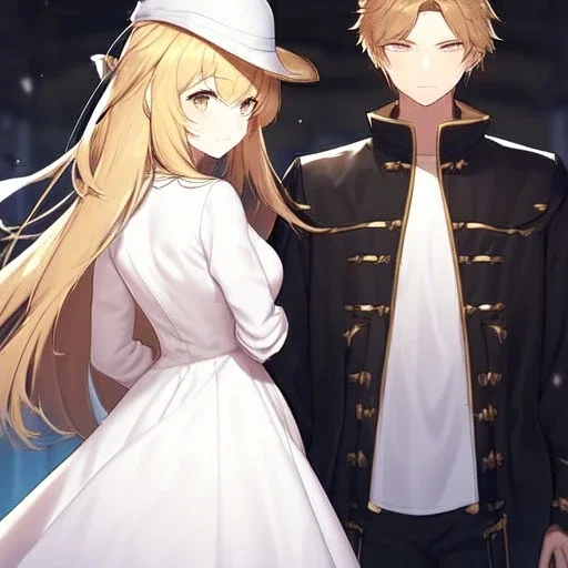 anime couple is standing back to back, female is wearing a flowing white dress, female is short, female has long blonde hair, male is tall, male is wearing black coat, hat and has dark brown hair