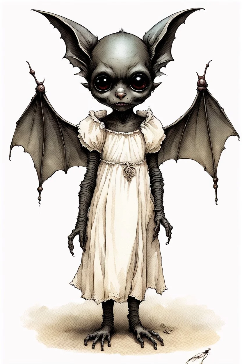 Artist Jean-Baptiste Monge style. A humanoid biomechanical Black bat-flower headed Baby with white eyes and a black dress. Modifiers: award winning crisp quality very cute