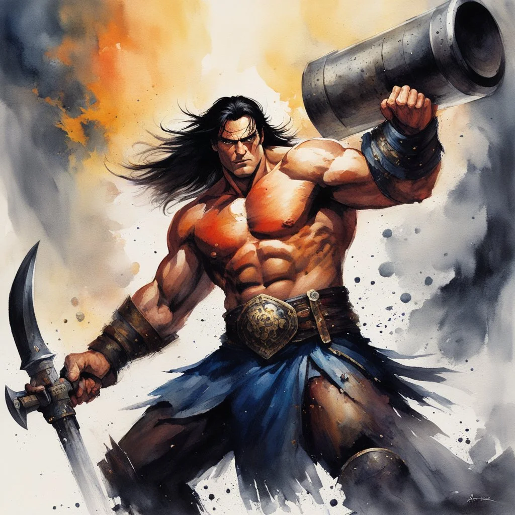 Aquarelle: Conan, mighty and fierce, grips his gigantic hammer, His hands firmly locked, ready to unleash its power. Strength and determination emanate from his stance, A force to be reckoned with, ready for the battle's dance.battles, and with his warhammer held ready, he is prepared to unleash his wrath upon any who dare to challenge him.