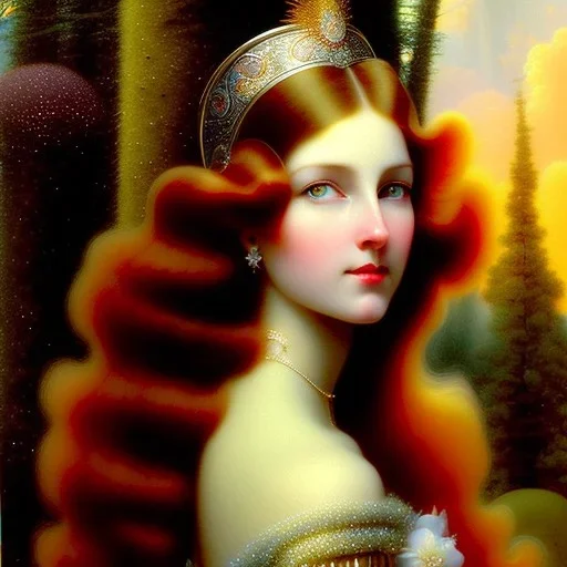 Young maggie rizer, meticulously detailed face, meticulously detailed multi-hued long red hair; ethereal fantasy. Maxfield Parrish. realistic oil painting. Victorian era, glitter, luminous color sparkles, old fashioned, vintage, antique, beautiful, renaissance, 16k