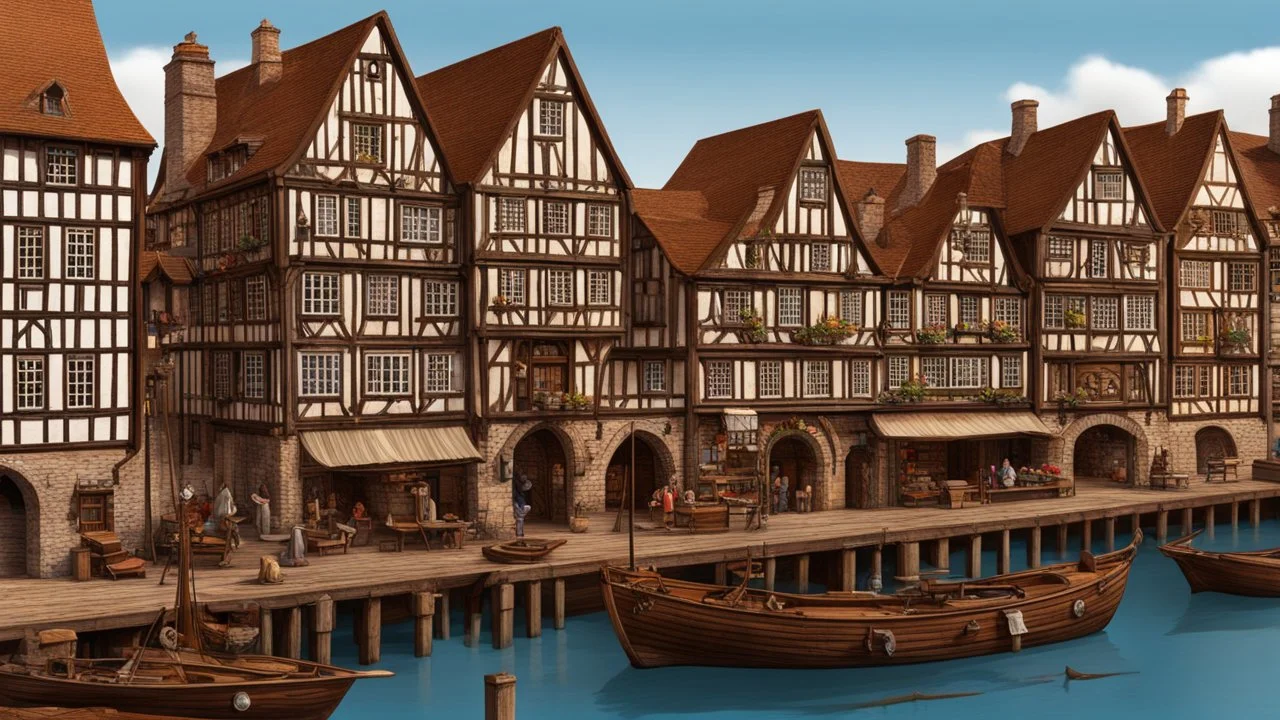 gothic medieval wooden harbour with piers and ships, people, shops, bridges, arches, balconies, taverns, blue sky, photorealistic