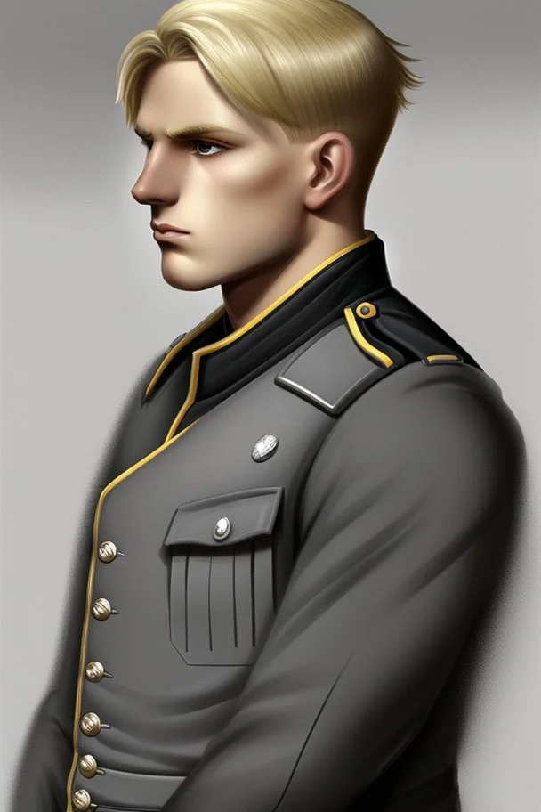 German male soldier, grey uniform, Blond hair, portrait