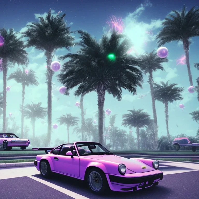 1980's aesthetic vaporwave palm trees and spheres and Porsche with lightning