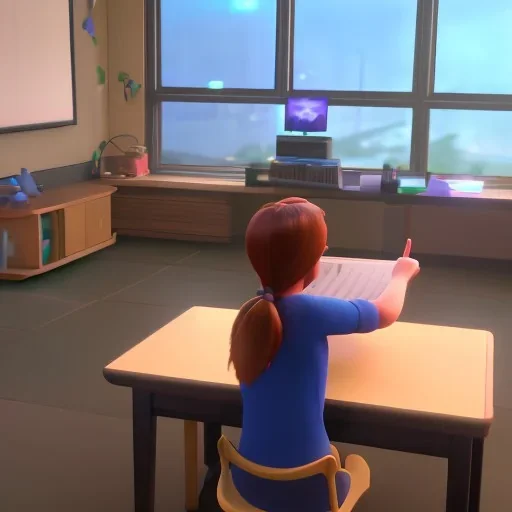 teacher waiting for students in classroom unreal engine 5 --ar 2:1