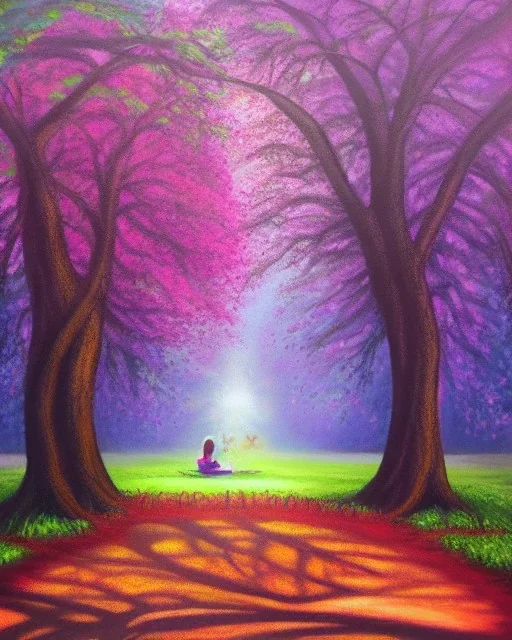 park mystical dream, park bench, man, woman, child, dog, trees, path, bird, sunshine, mystical, fantasy, romanticism, pastel colors, daylight, daytime, acrylic painting, detailed,