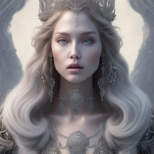 portrait of the most gorgeous, stunning, beautiful ice queen goddess with large wolf, intricate crystal ice crown, 8k resolution, high-quality, fine-detail, ornate, digital art, detailed matte, volumetric lighting, brian froud, howard lyon, selina french, anna dittmann, annie stokes, lisa parker, greg rutowski,