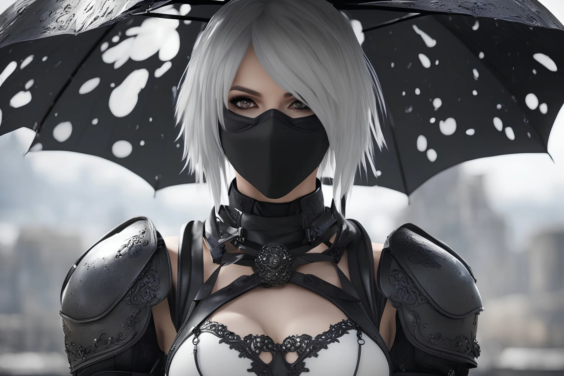 Hot 2B with whit eye in 8k nier automata artstyle, blind them, 2B Custom, blindfold, close picture, rain, fantasy world, intricate details, highly detailed, high details, detailed portrait, masterpiece,ultra detailed, ultra quality