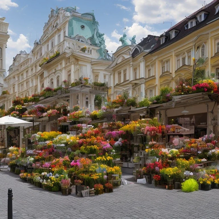 Flower store in the foreground of street in Vienna Austria