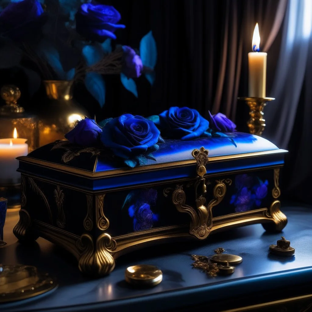 A black and gold decorated chest half opened and filled with purple blue roses in front of it a burning candle in delicate purple all on a light background