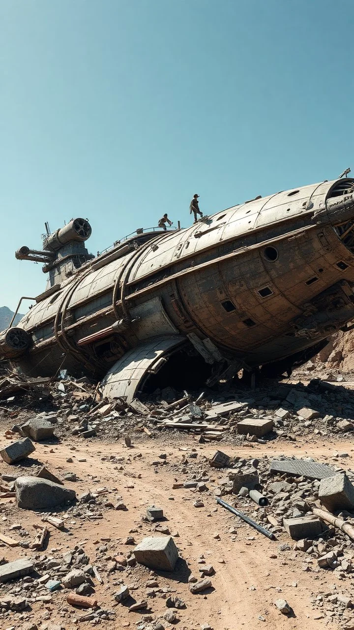 post-apocalyptic, ufo spaceship , it buried and shattered metal around it