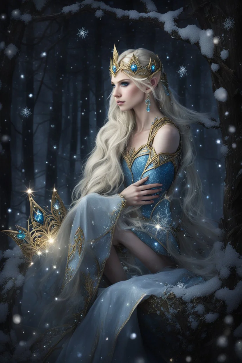 Elven princess,elven crown,long blonde golden hair,rapunzel hair,ice flowers,beautiful,light blue,dark blue,golden armor,sparkle,glitter,ice flowers,snow,elven ears,dark fairy princess