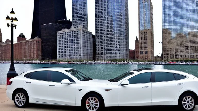 A Tesla's 'Model S Plaid' is parked, on the Navy Pier, in Chicago. CINEMATIC. WIDE ANGLE LENS. PHOTO REAL.