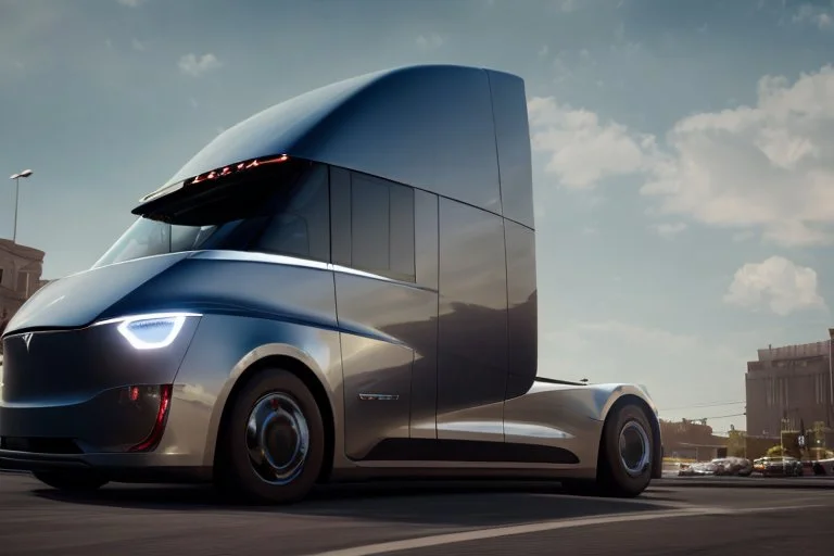 A Tesla 'Semi' (semi truck) is going at a high speed, on the streets of New Orleans. (CINEMATIC, WIDE ANGLE LENS, PHOTO REAL)