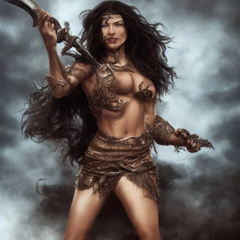 Warrior woman with medium wavy black hair, brown eyes, big breast, unclothed, glistening muscles, with a dagger in each hand.