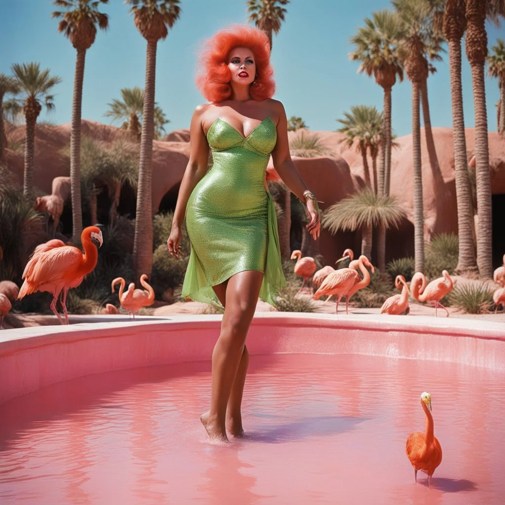[high res photo by Russ Meyer] In the dazzling city of Las Vegas, Clad in a short green dress that sparkles under the desert sun, the Orangutang Queen finds herself in a most curious setting—a pink swimming pool teeming with flamingos and bananas, ready to fight, in dust, rust and blood, her body is covered with cartridge belts