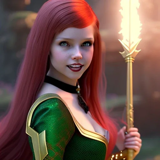 Attractive teenage girl with red hair with golden highlights, who is dressed like a witch casting a spell with a quarterstaff, magic is in the background, green eyes, teeth not visible background is realistic space, goth girl dress, full body portrait, arm colors gradient effect into stars, rendered, unity 3d, unreal engine, dslr, hdr, 4k, edited, photorealistic, normal number of appendages, freckles, artists rendering