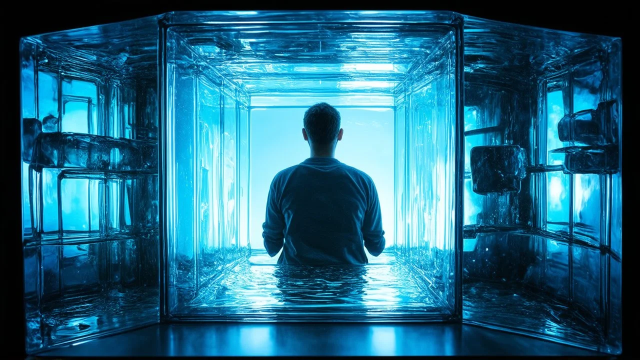 A person inside a glass cubic shape in an surreal environment