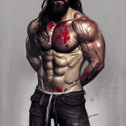 painted portrait of rugged man, blood stained, dark long hair, masculine, handsome, upper body, grey and silver, muscular, hairy torso, fantasy, intricate, muscular, elegant, highly detailed, digital painting, artstation, concept art, smooth, sharp focus, illustration, art by gaston bussiere and alphonse mucha