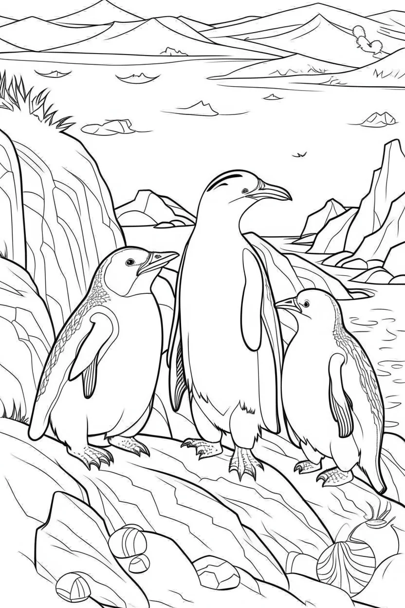 Cute penguins on a snowy cliff, perfectly adapted to the harsh Antarctic climate, clean line art, monochrome, for kids coloring book, white background