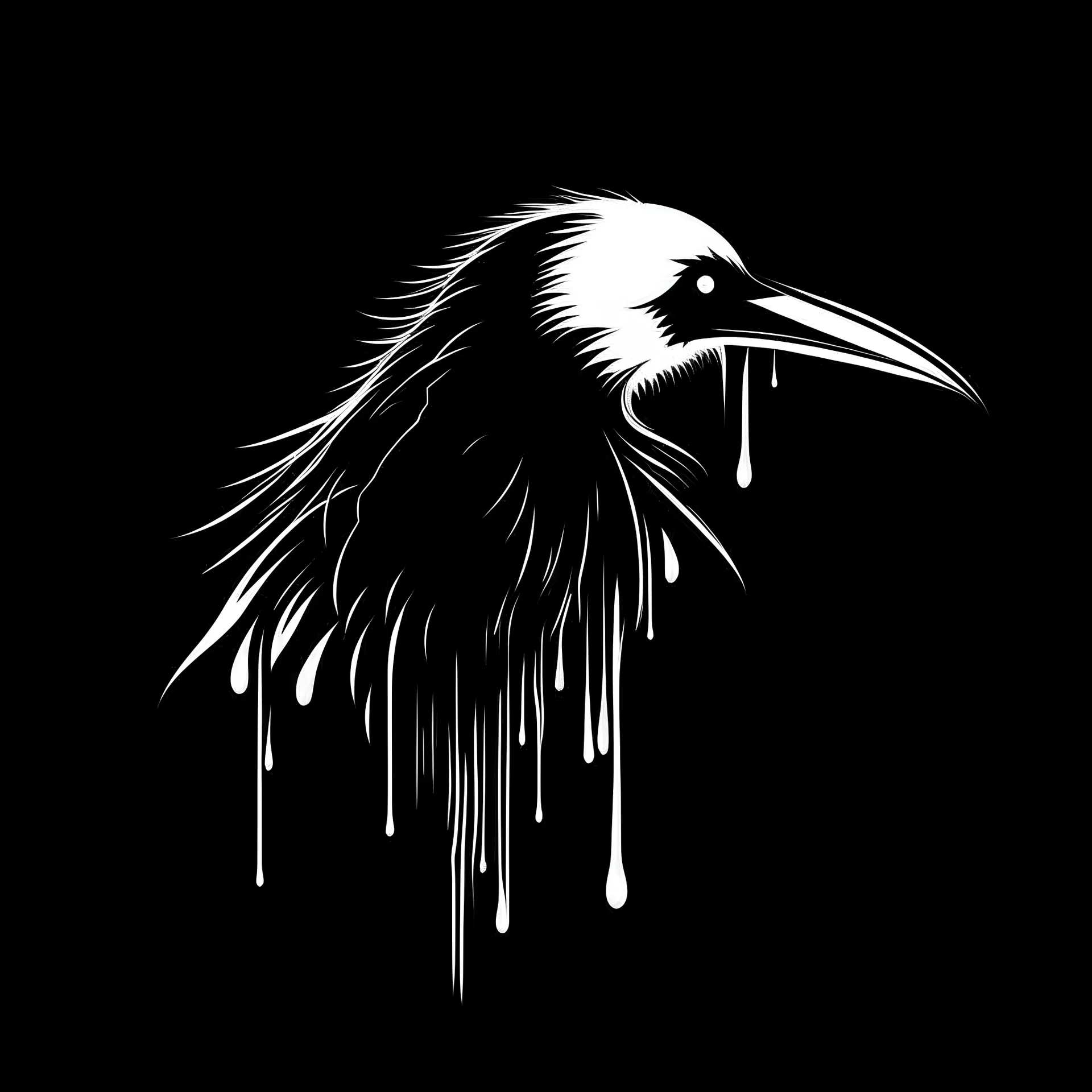 minimalistic black and white logo of a scary sort beak bird, dripping blood over black background