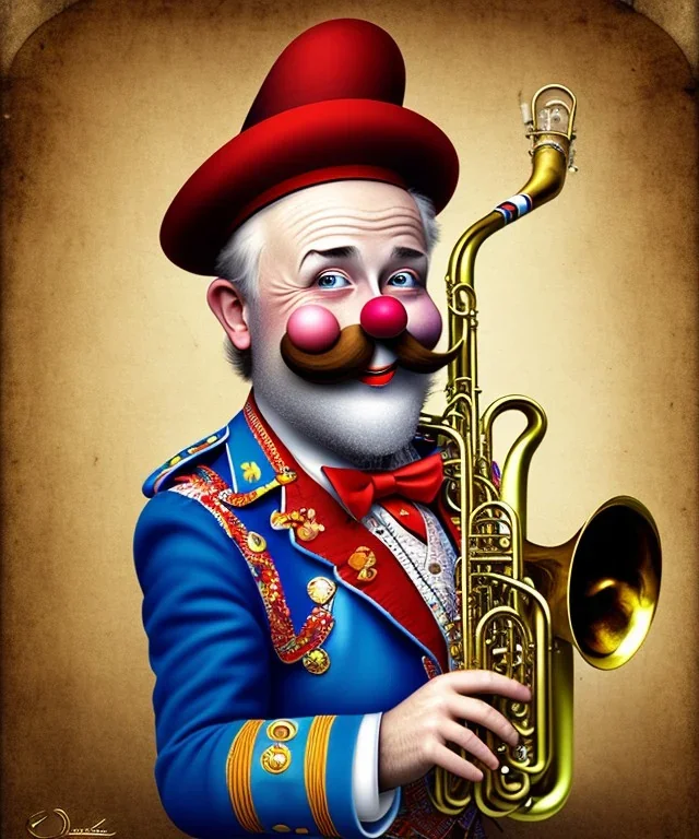 happy old friendly clown with round head and trimmed beard playing jazz with a steampunk theme, trumpet, circus, realistic