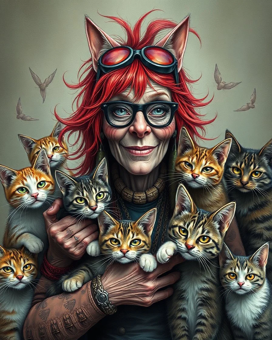 old lady punk rocker with red hair, with her dozens of cats. By Vanja Vukelic, Benjamin Lacombe, Victor Brauner, Eileen Agar, Alex Grey, Michael Cheval and Naoto Hattori. Modifiers: sharp focus extremely detailed fantasy intricate very attractive award winning fantastic view hdr very cute pencil sketch science fiction complex insanely detailed whimsical fantastical art magical surrealism
