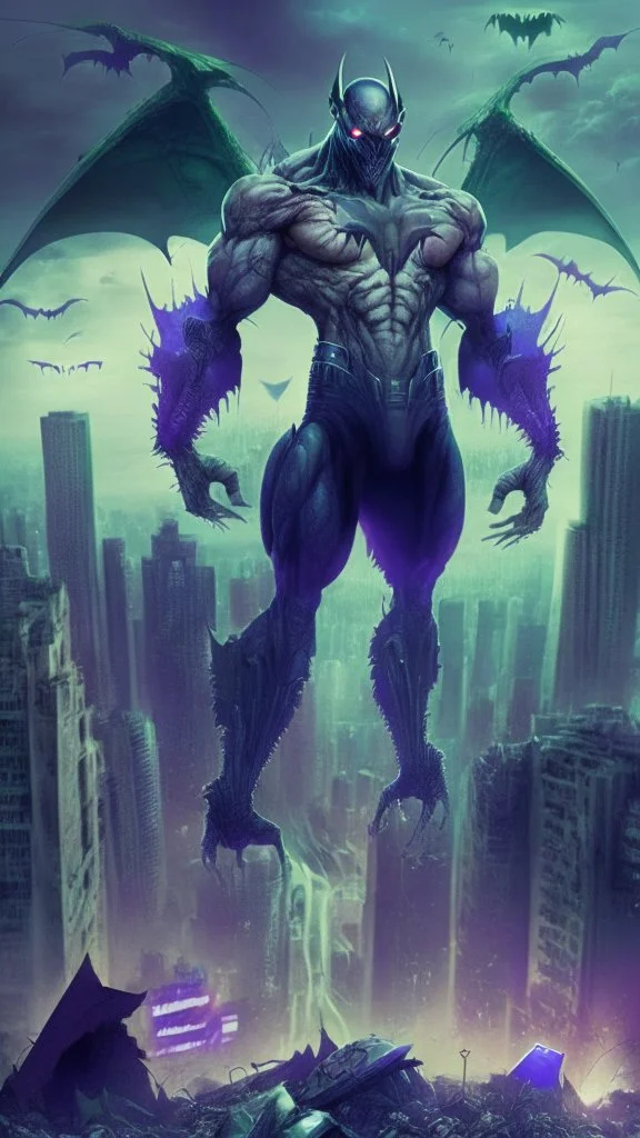 super villain evil alien, full body, muscular, bio-tech, flying, destroyed city in the background