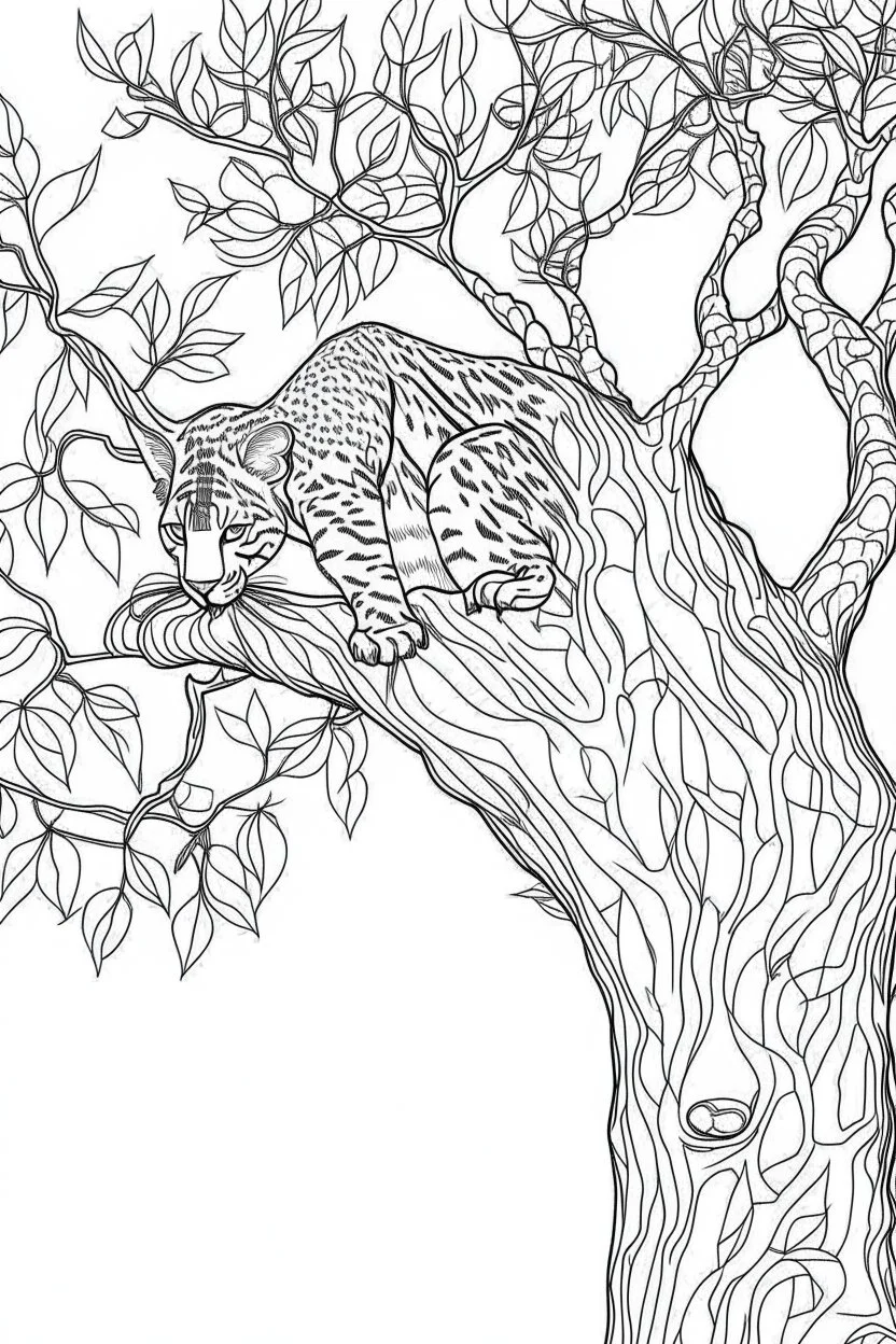 Outline art, leopard climbing a tree, cartoon style, low detail, --ar 9:11